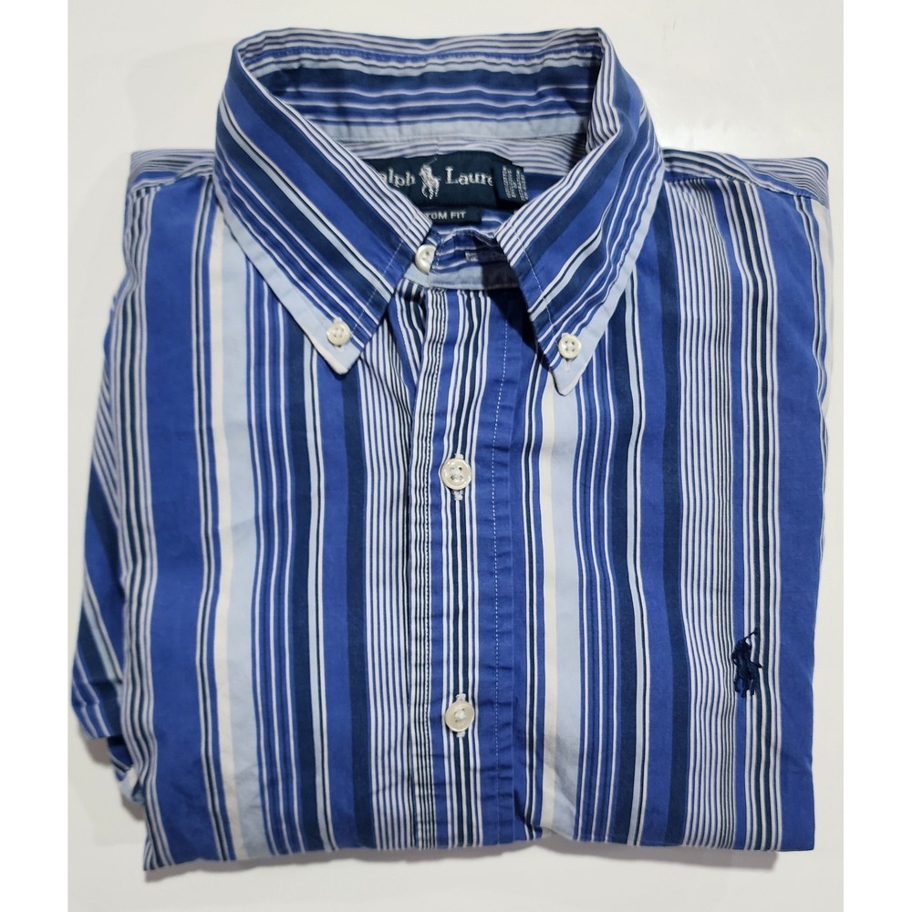 Ralph Lauren Mens  Blue Striped Custom Fit Button Up Shirt Size Medium